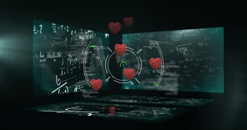Data Processing Animation with Heart Icons and Futuristic Interface