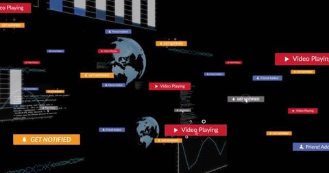 Futuristic Notification Dashboard Displaying Floating Analytics Badges and Global Visualizations