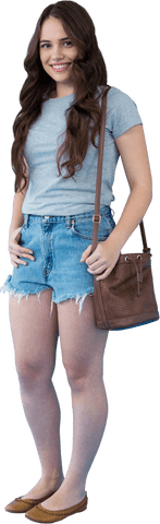 Smiling Young Woman Carrying Crossbody Bag with Casual Fashion Outfit Transparent