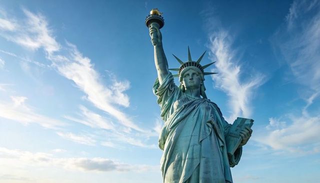 Statue of liberty towering with lit torch and inscribed tablet against dramatic blue sky