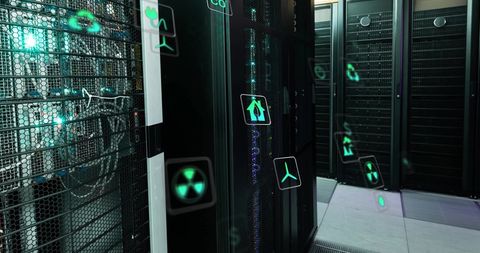 eco icons overlay on data server room representing green technology - Download Free Stock Images Pikwizard.com