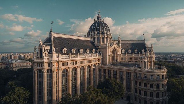 Beaux-arts civic building with grand dome and ornate facade at golden hour