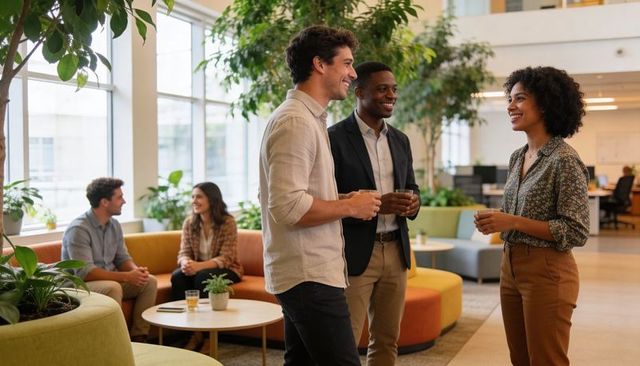 Diverse team chatting in modern open office lounge during casual coffee break