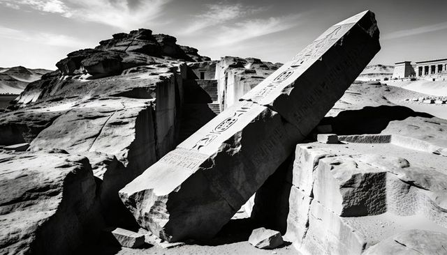 Leaning inscribed obelisk displaying hieroglyphs and cartouches in desert quarry, monochrome ruins