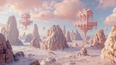 Ethereal fantasy landscape with floating pavilions and misty peaks