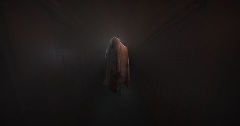 Ethereal Ghost Gliding in Dark Misty Corridor