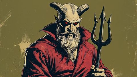 Horned satan with trident in gothic robe illustration