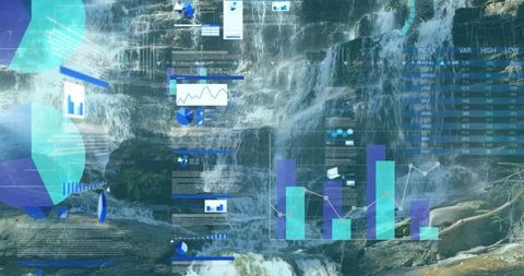 Cascading Waterfall with Digital Data Overlays in Forest