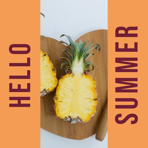 hello summer text with halved pineapple on bamboo board - Download Free Stock Templates Pikwizard.com