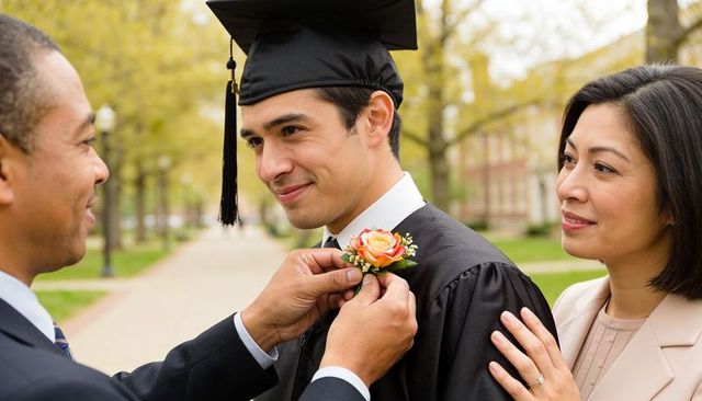 Father pinning boutonniere on graduate wearing cap and gown on university campus walkway