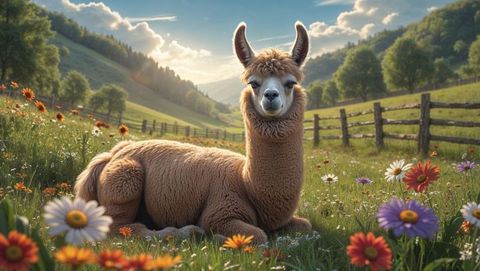 Brown llama basking in sun in wildflower valley meadow amid rural charm