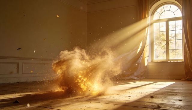 Billowing golden dust cloud filling sunlit parlor with arched window and flowing curtains