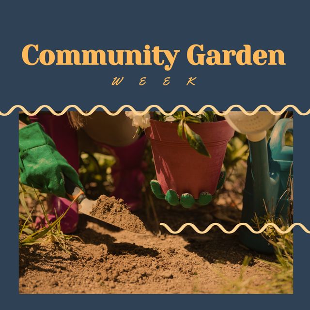 Composite of community garden week text and low section of caucasian woman holding plant over dirt. Copy space, glove, rubber boot, nature, planting, support, environment and celebration concept.