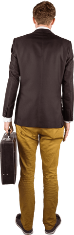 Rear view of young businessman with briefcase on transparent background