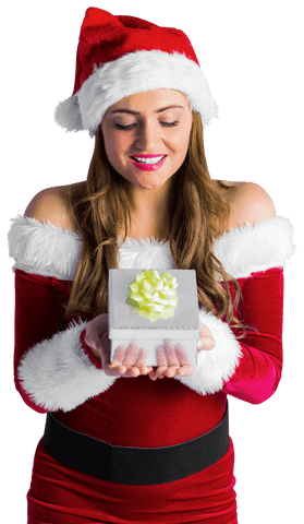 Festive Woman in Santa Costume with Transparent Gift Box