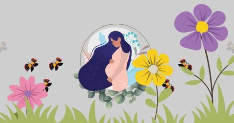 an illustration of a confident, pregnant woman in a modern graphic style with vibrant flowers and bumblebees surrounding her, symbolizing new beginnings and a connection to nature. ideal for use in resources about maternity health, nature-themed events, environmental awareness campaigns, and eco-friendly product promotions. its creative, inspirational aesthetic makes it versatile for various design needs.