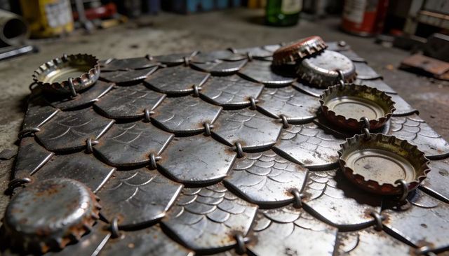 Rustic steel scale panel showing welded links and rusty bottle caps on workshop bench
