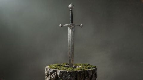 Ornate medieval longsword in moss-covered stone