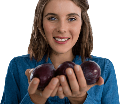 smiling woman holding fresh plums on transparent background - Download Free Stock Videos Pikwizard.com