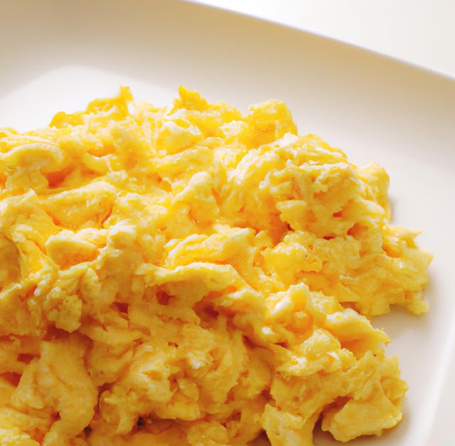 Close-up of fluffy scrambled eggs on a white plate. Perfect for breakfast-themed content or menus, this image evokes simple and wholesome mornings. Ideal for use in food blogs, recipe websites, menu designs, nutritional content, or culinary presentations.