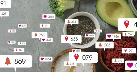 Superfood flatlay with avocado, chia seeds, goji berries and sea salt with social alerts