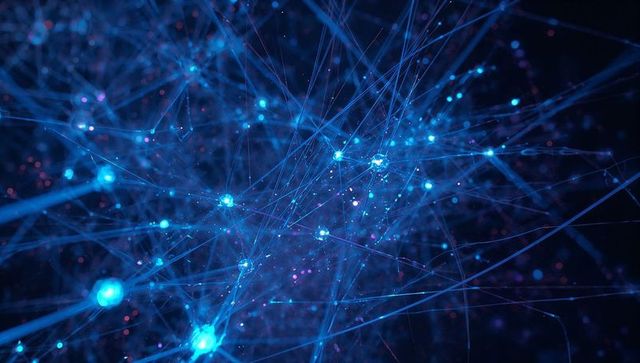 Futuristic network with electric blue nodes in dark void