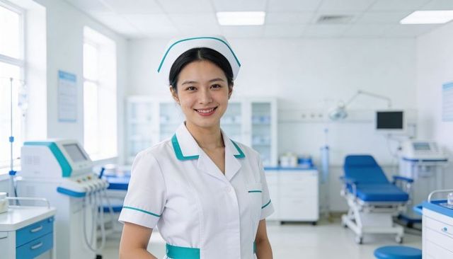 Smiling asian nurse standing in bright clinic wearing white uniform with teal trim