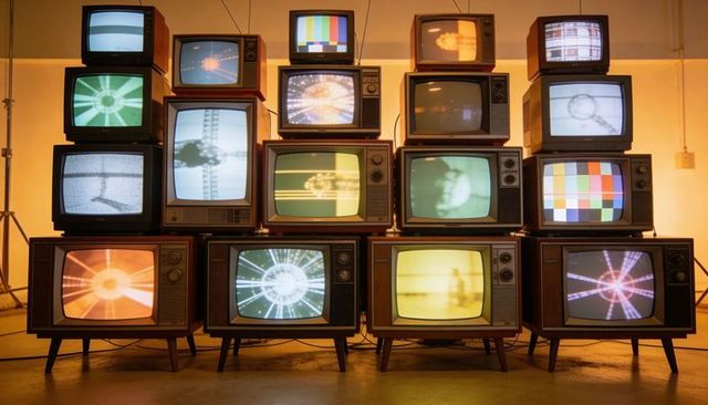 Stacked Vintage CRT Televisions Cycling Color Bars and Test Patterns Retro Installation