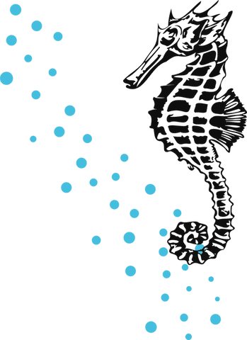 Stylized black seahorse with blue bubbles transparent vector design