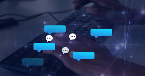 Hands Typing on Keyboard with Digital Connections Overlay