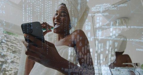 Morning digital self-care woman brushing teeth while checking phone in sunlit bathroom