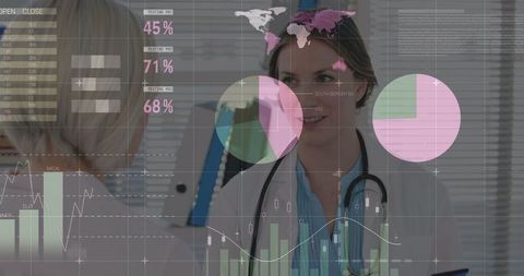 Doctors Discussing Medical Cases with Financial Data Overlay