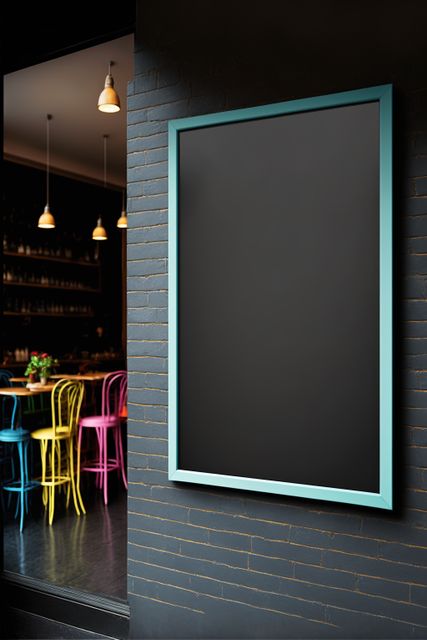 Perfect for use in advertising or promotional materials, this image showcases an empty blackboard against a brick wall outside an urban café. The image features a vibrant interior with brightly colored chairs, making it ideal for marketing a modern café, restaurant, or urban dining experience. The blank space on the blackboard allows for the insertion of custom text or designs, making it versatile for various branding needs.