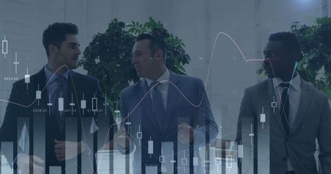 Businessmen Engaging in Financial Discussion with Data Overlay