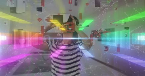 Woman Experiencing VR Simulation Amidst Digital Effects