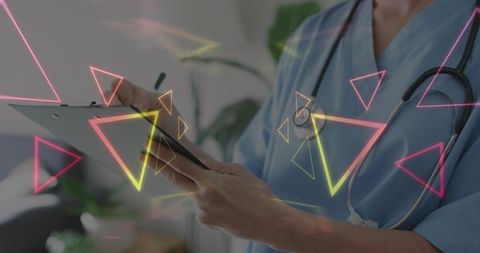 Clinician writing patient notes with neon geometric overlay, stethoscope close-up
