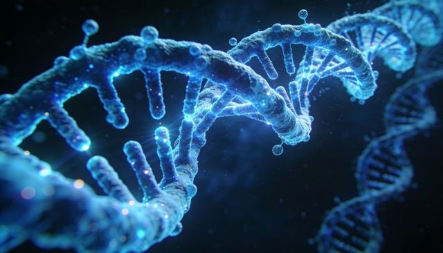 Glowing dna double helix twisting in deep blue space with neon nucleotides and droplets