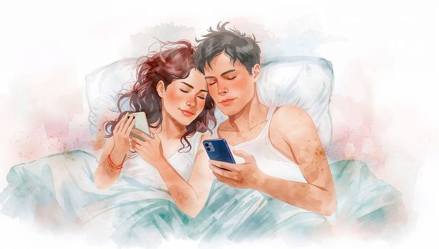 Digital intimacy: couple relaxing with smartphones in watercolor style