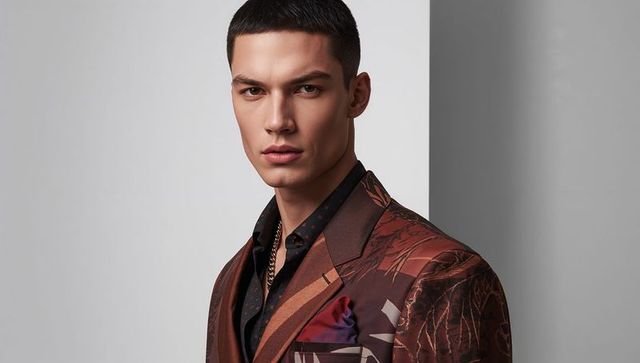 Sophisticated asian male in stylish brown patterned suit with pocket square