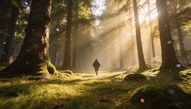 Walking Hiker on Sunlit Mossy Forest Path with Golden Sunbeams and Mist, Embracing Solitude