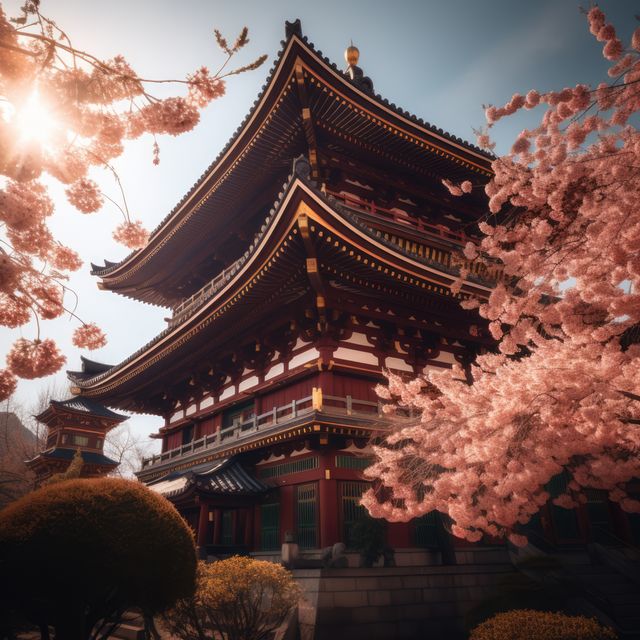 The historic Japanese temple is surrounded by blooming cherry blossom trees under the spring sunlight. This image depicts a serene setting highlighting traditional Japanese architecture and culture. Ideal for promoting tourism, cultural heritage content, travel blogs, and educational material about Japan's history and architecture.