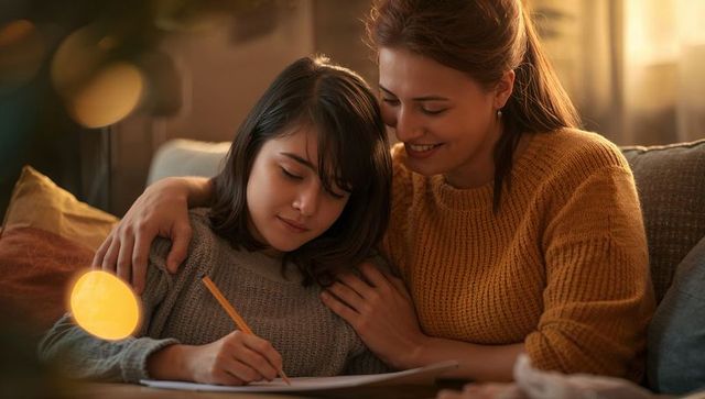 Mother guiding daughter doing homework on sofa in cozy warm living room evening bonding