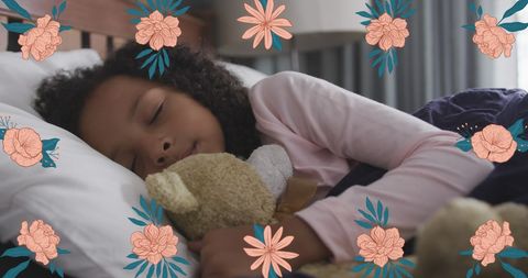 Peaceful Child Sleeping with Cuddly Bear Surrounded by Flowers