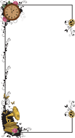 Vintage Filigree Border with Clock and Gramophone on Transparent Background