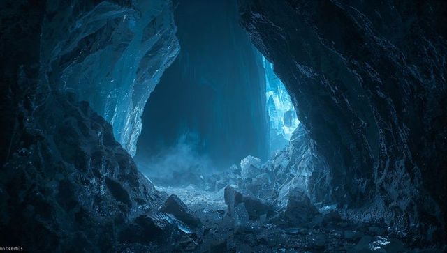 Ethereal Glow Inside Icy Cave with Mist and Stalactites
