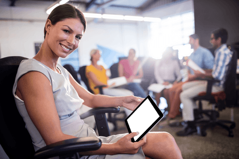Transparent Smiling Woman Holding Tablet in Modern Office - Download Free Stock Videos Pikwizard.com