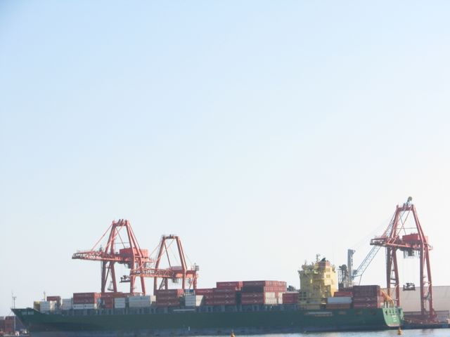 Cargo ship with numerous red container cranes at industrial port, depicting supply chain and maritime transportation. Clear sky emphasizes logistic operations at sea, making it ideal for articles, websites, or presentations related to shipping industry, global trade, import/export, and freight logistics.