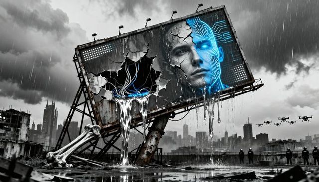 Ruined Cyber Billboard Dripping Neon Circuit Face Over Dystopian Rooftop Skyline Drones