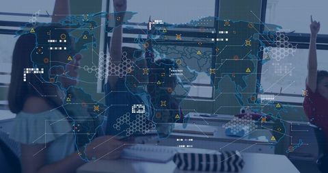 Students Engaging in Modern Classroom with Digital World Map Overlay