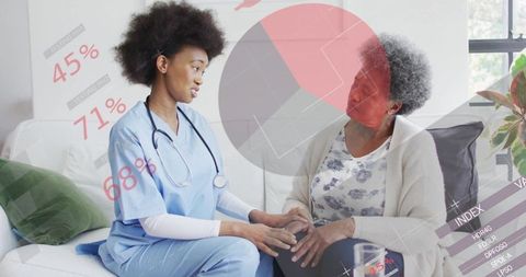 Nurse comforting patient at home with data overlay illustrating healthcare statistics